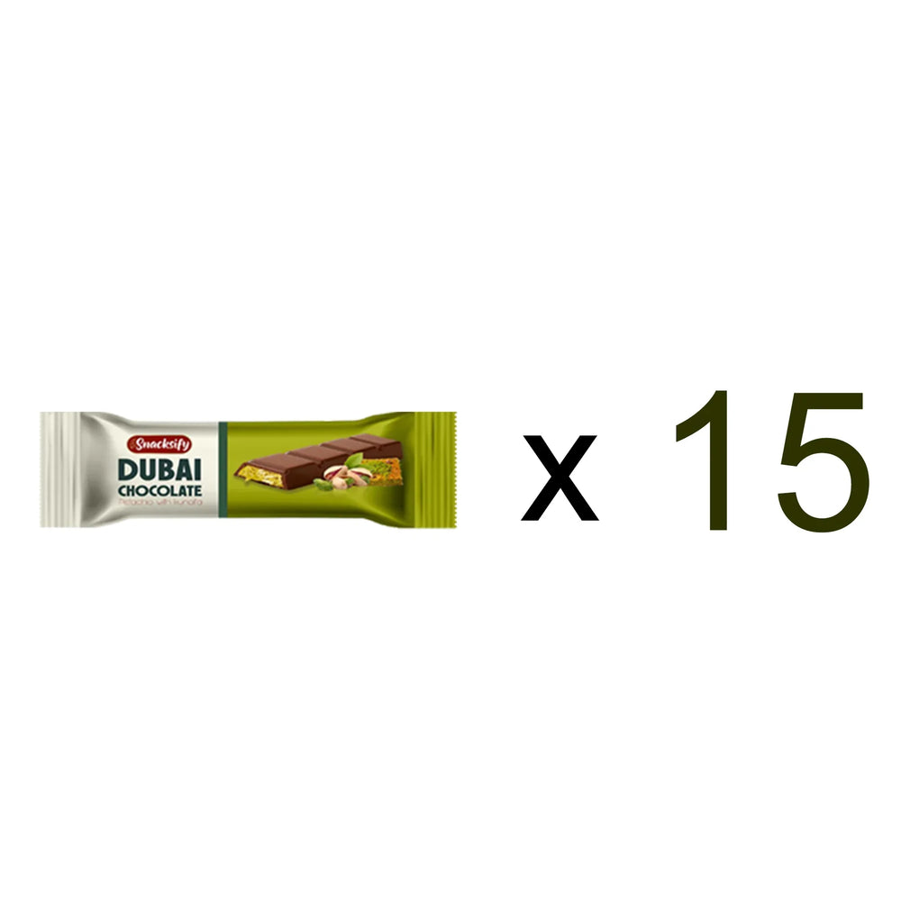 Snacksify Dubai Chocolate bar packaging with 'x 15' text on a white background