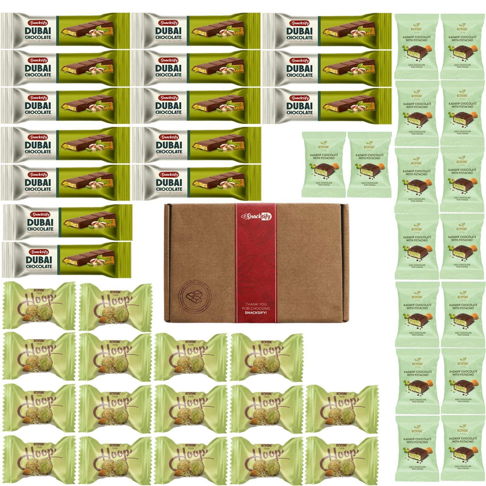 50 count | Mini Dubai chocolate & candy - 15 mini Dubai bar 27 g and 16 Dubai candy 13 g - 19 Dubai pistachio ball - amazing Gift Box
