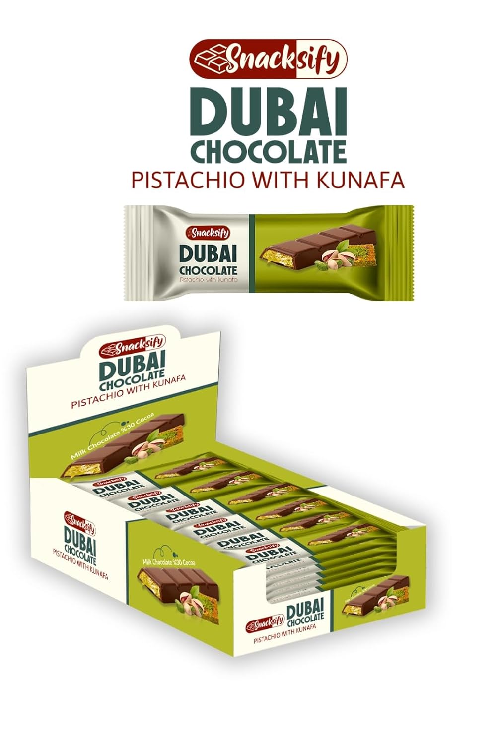 Snacksify Dubai Chocolate Bar (Pack of 24) - 1.43 pounds