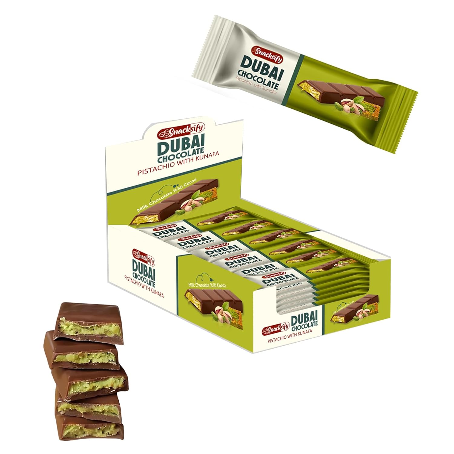 Snacksify Dubai Chocolate Bar (Pack of 24) - 1.43 pounds