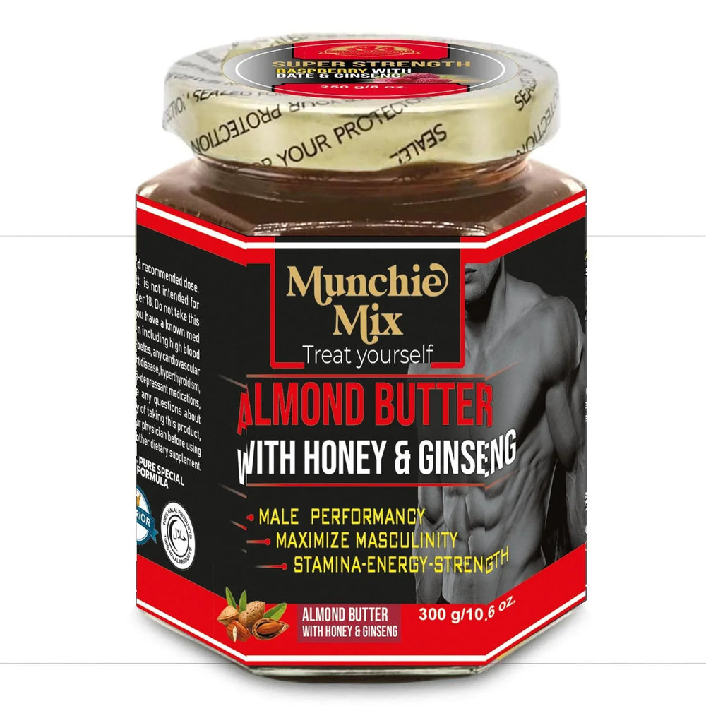 Munchie Mix almond butter with honey and ginseng supplement