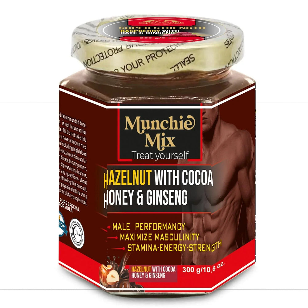 Munchie Mix hazelnut with cocoa, honey, and ginseng supplement