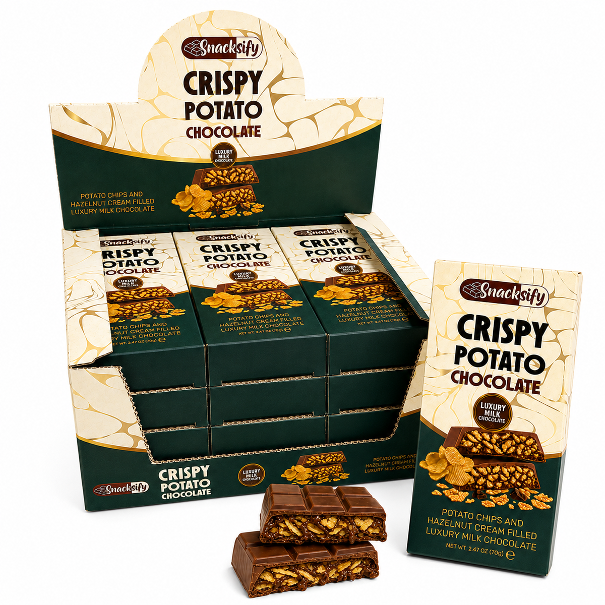 Crispy Potato Chip Luxury Milk Chocolate Bars, Hazelnut Cream, Pack of 12