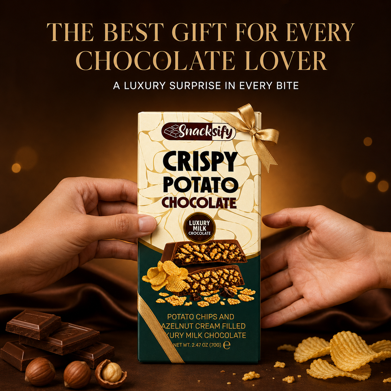 Crispy Potato Chip Luxury Milk Chocolate Bar with Hazelnut Cream, 2.47 oz