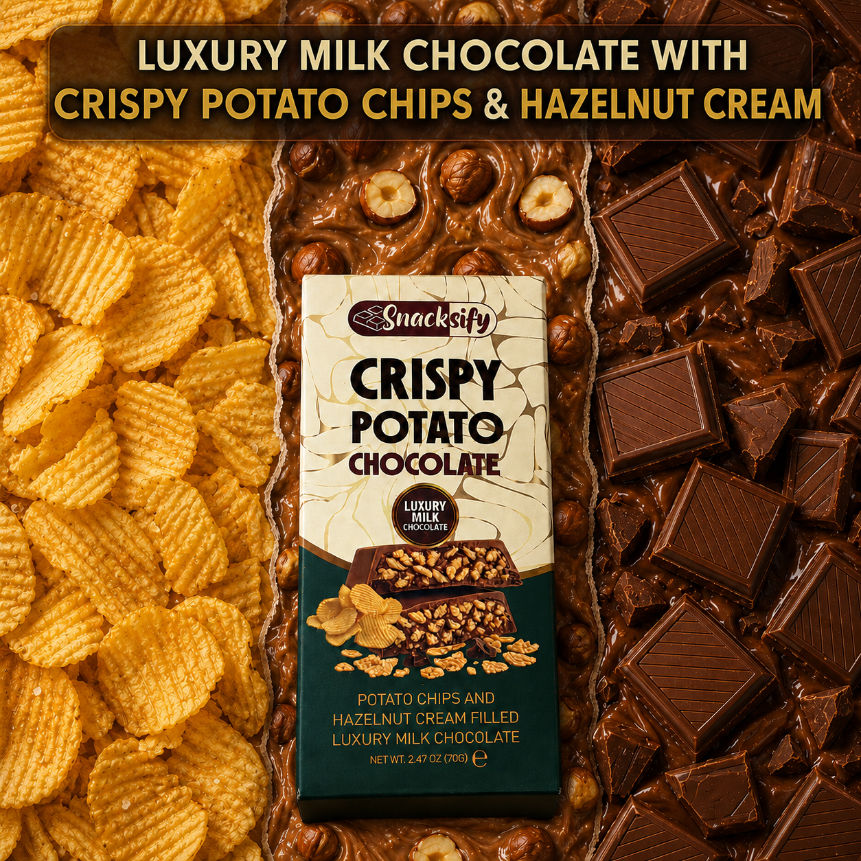 Crispy Potato Chip Luxury Milk Chocolate Bars, Hazelnut Cream, Pack of 24