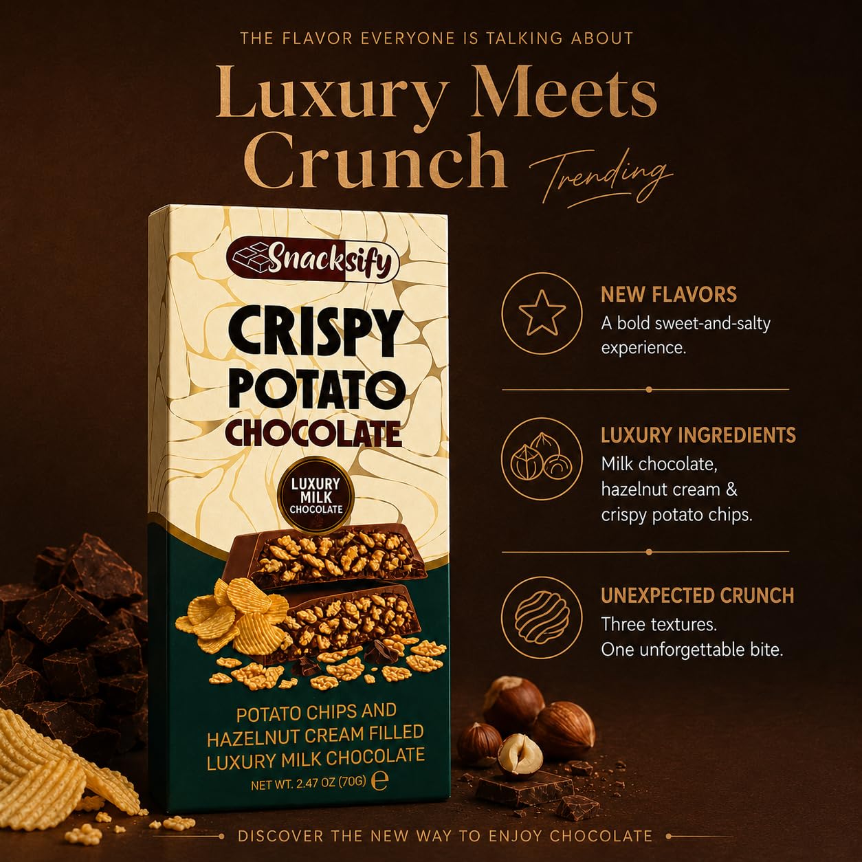 Crispy Potato Chip Luxury Milk Chocolate Bars, Hazelnut Cream – Wholesale Pack of 72