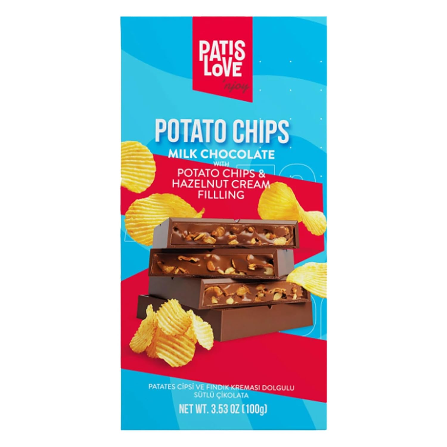 Milk Chocolate Bar with Potato Chips & Hazelnut Cream, 100g / 3.5 oz (12 Pack)
