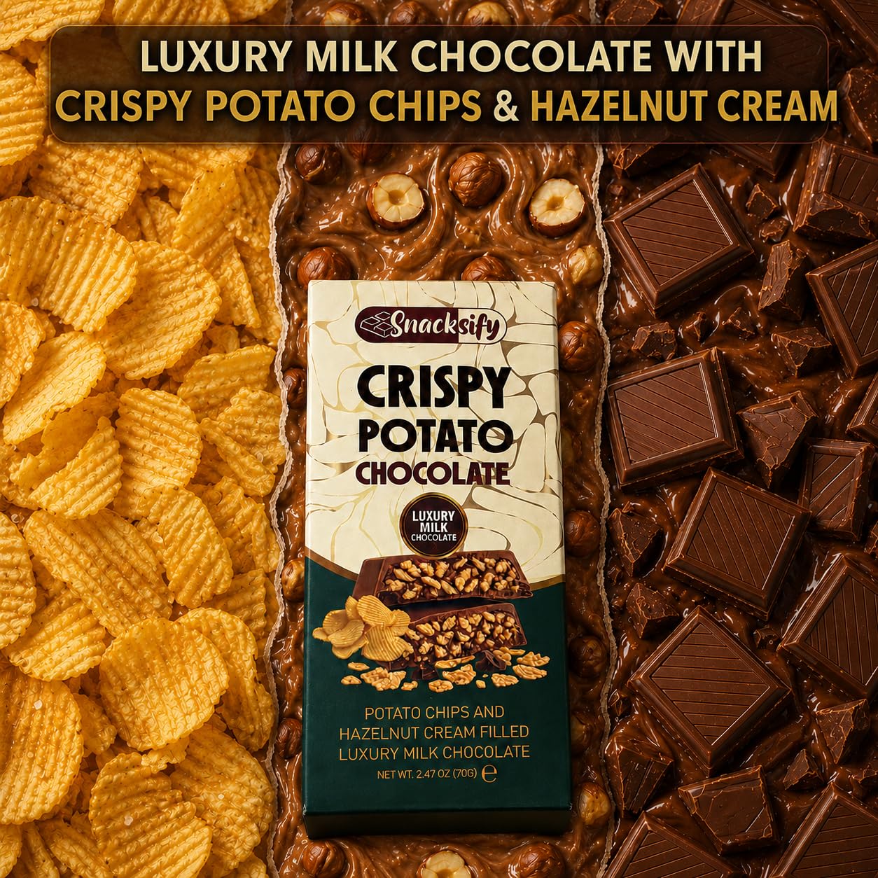 Crispy Potato Chip Luxury Milk Chocolate Bars, Hazelnut Cream – Wholesale Pack of 72