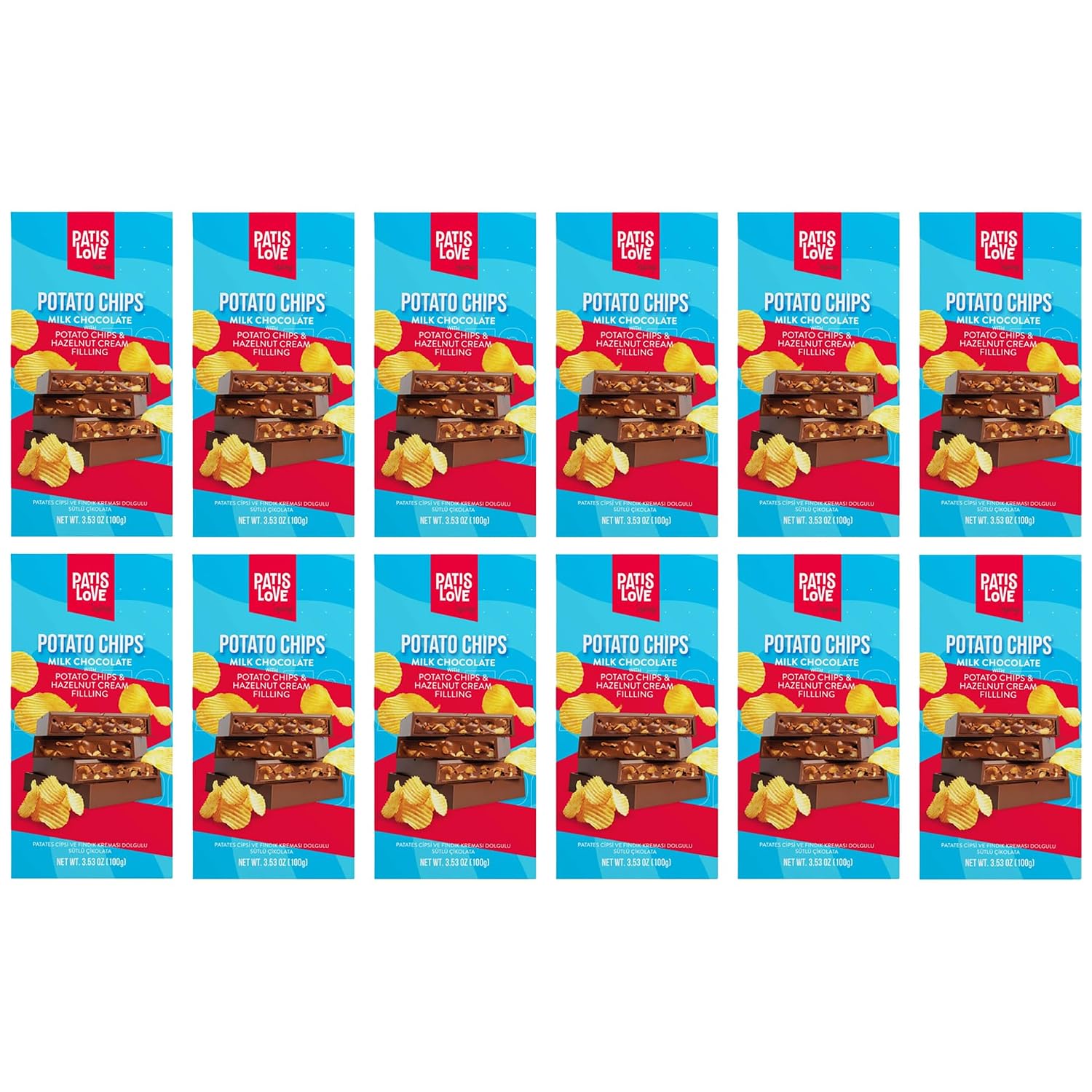 Milk Chocolate Bar with Potato Chips & Hazelnut Cream, 100g / 3.5 oz (12 Pack)