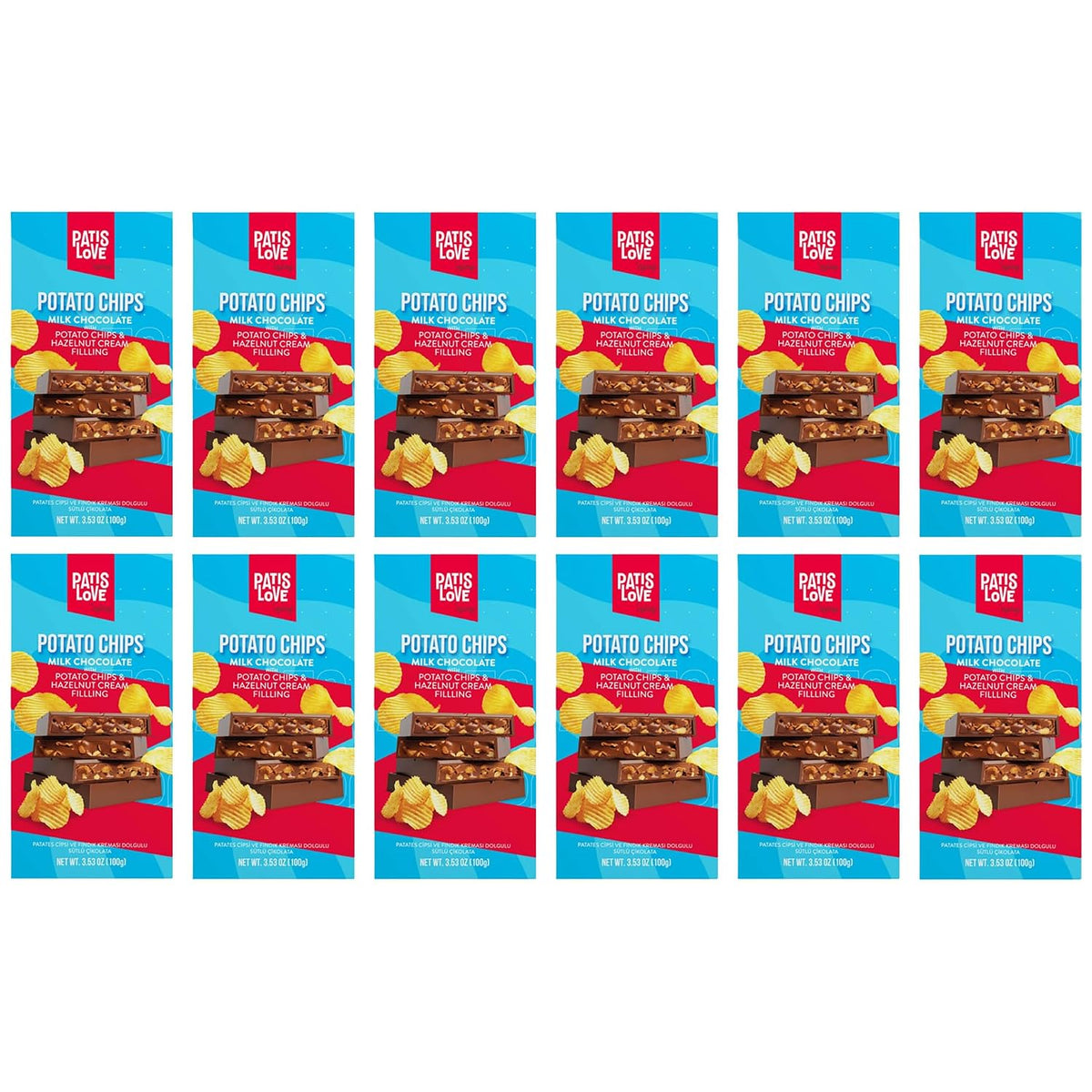 Milk Chocolate Bar with Potato Chips & Hazelnut Cream, 100g / 3.5 oz (12 Pack)