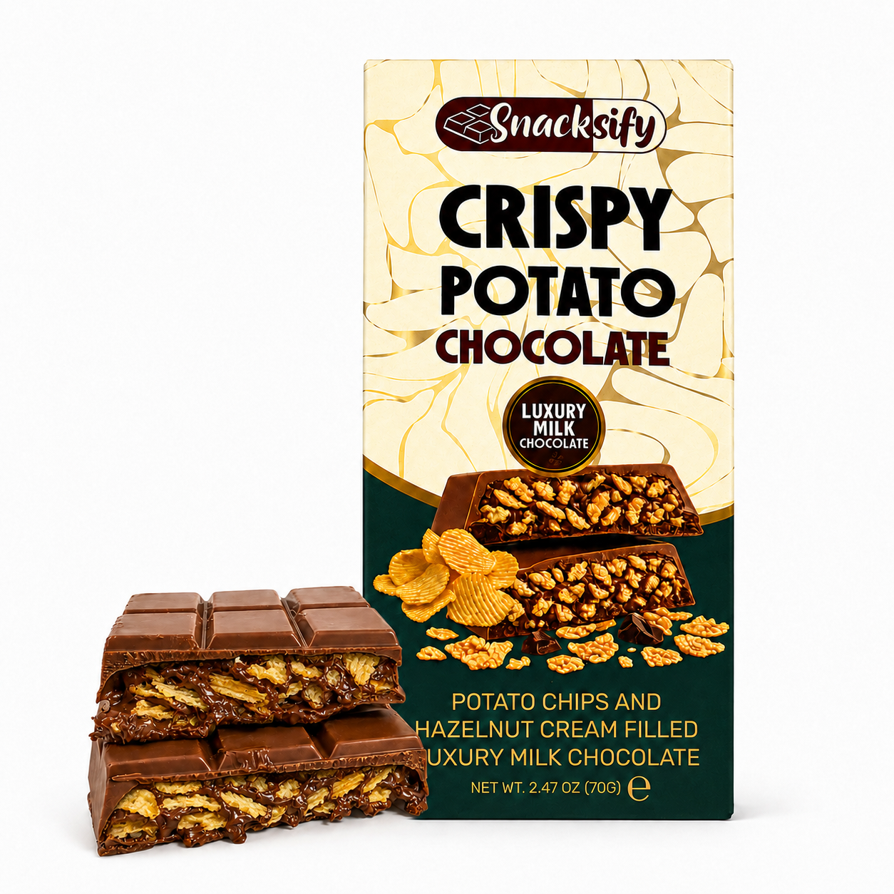Crispy Potato Chip Luxury Milk Chocolate Bar with Hazelnut Cream, 2.47 oz