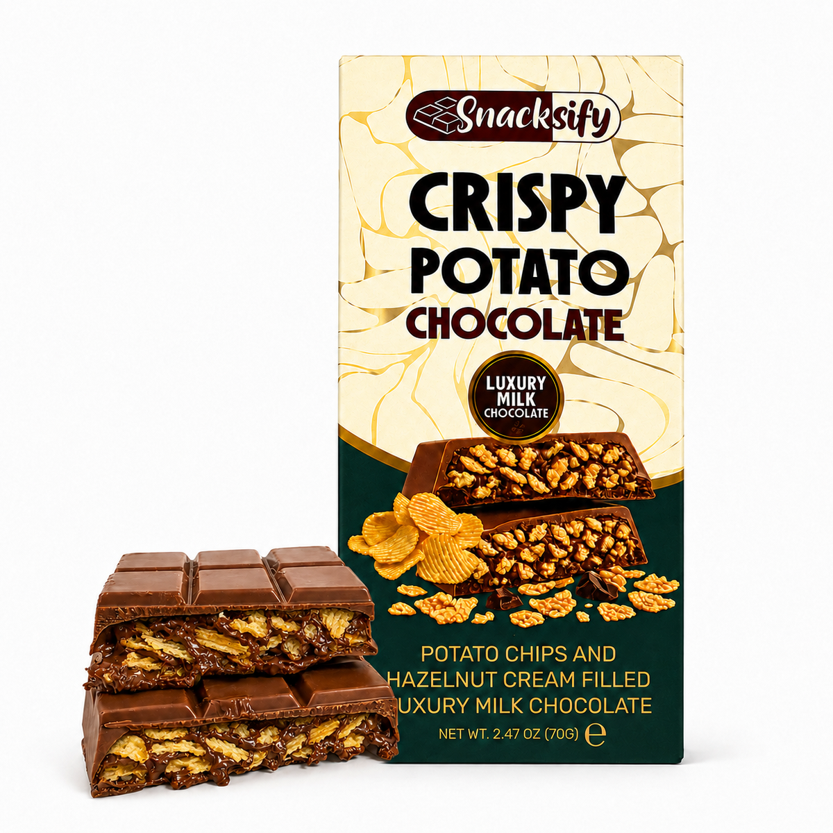 Crispy Potato Chip Luxury Milk Chocolate Bar with Hazelnut Cream, 2.47 oz