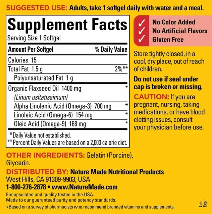 Nature Made Flaxseed Oil 1400 mg Softgels, 300 ct.