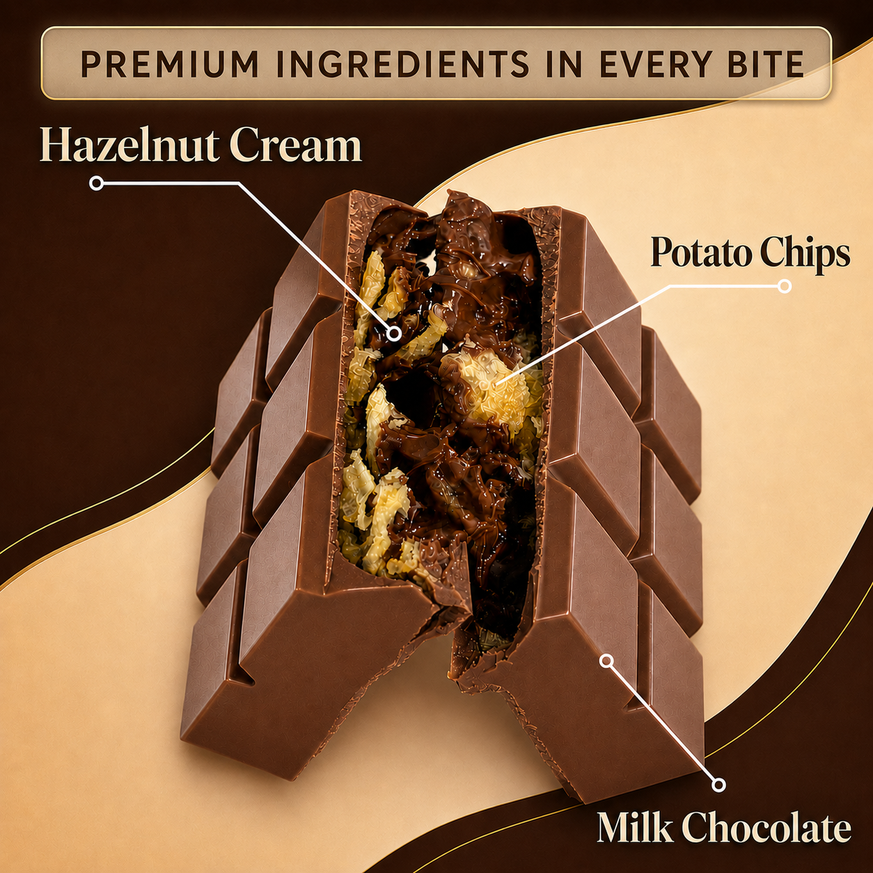 Crispy Potato Chip Luxury Milk Chocolate Bar with Hazelnut Cream, 2.47 oz