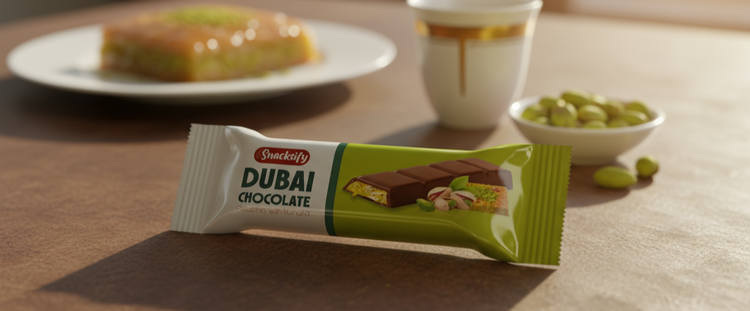 Snackville Dubai Chocolate bar on a table with a plate of food and a cup in the background