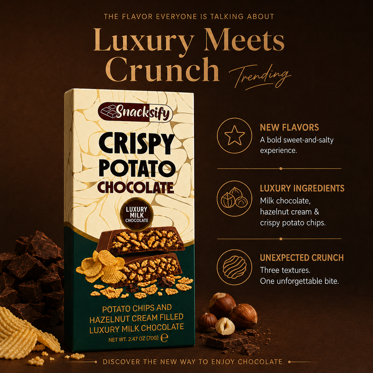 Crispy Potato Chip Luxury Milk Chocolate Bars, Hazelnut Cream, Pack of 24