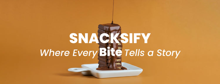 Chocolate-covered snack on a white plate with 'SNACKSIFY' branding on an orange background